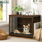 A stylish dark wood Petifo end table dog crate providing a comfortable indoor resting space for a Corgi.