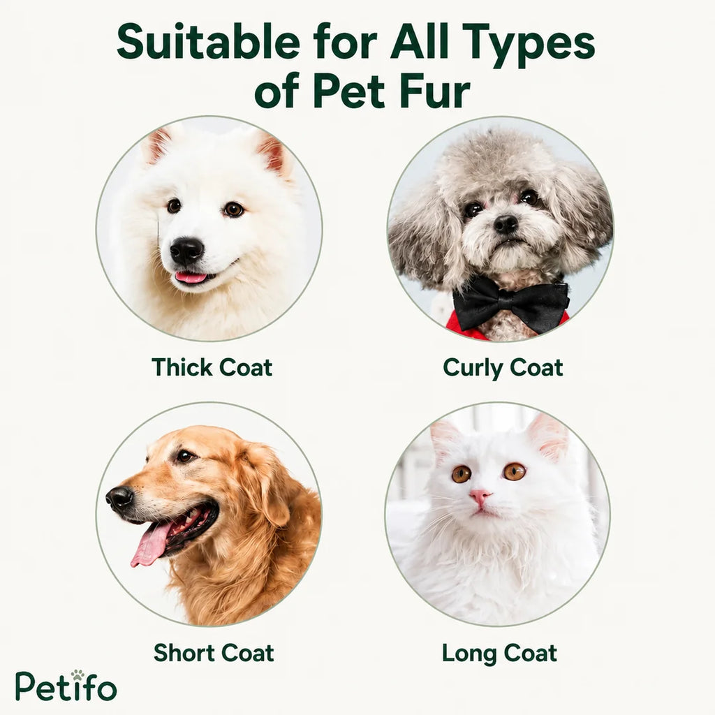 Four different dog breeds demonstrating suitability for all coat types using the grooming tool.