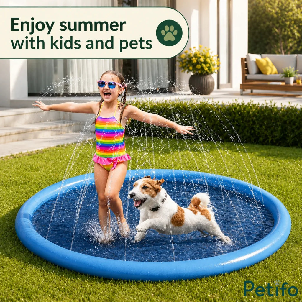 Happy child in a colorful swimsuit and a dog enjoying summer water play in the backyard sprinkler pool.