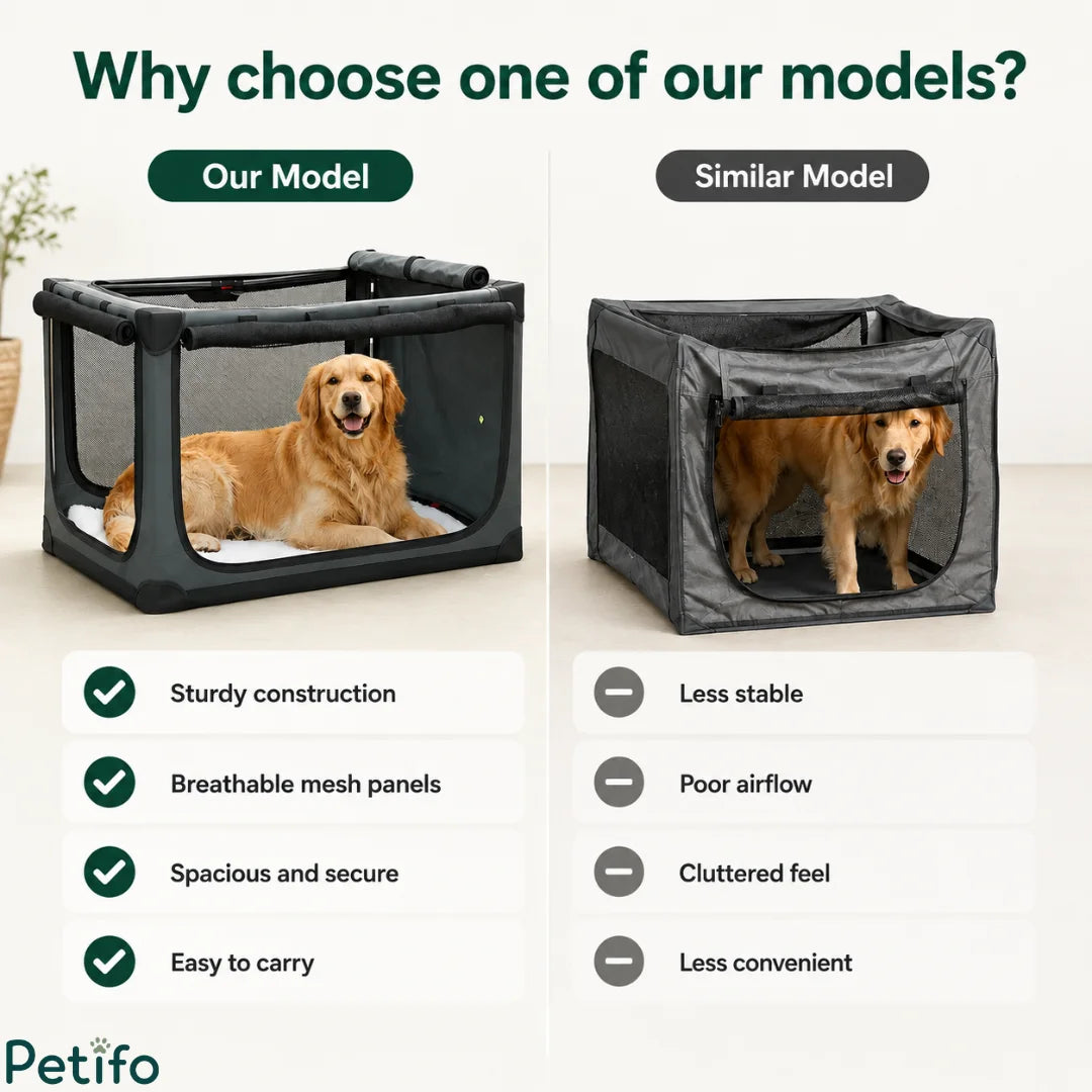 Comparative overview highlighting the superior stability, airflow, and sturdy construction of our portable dog crate over similar models.