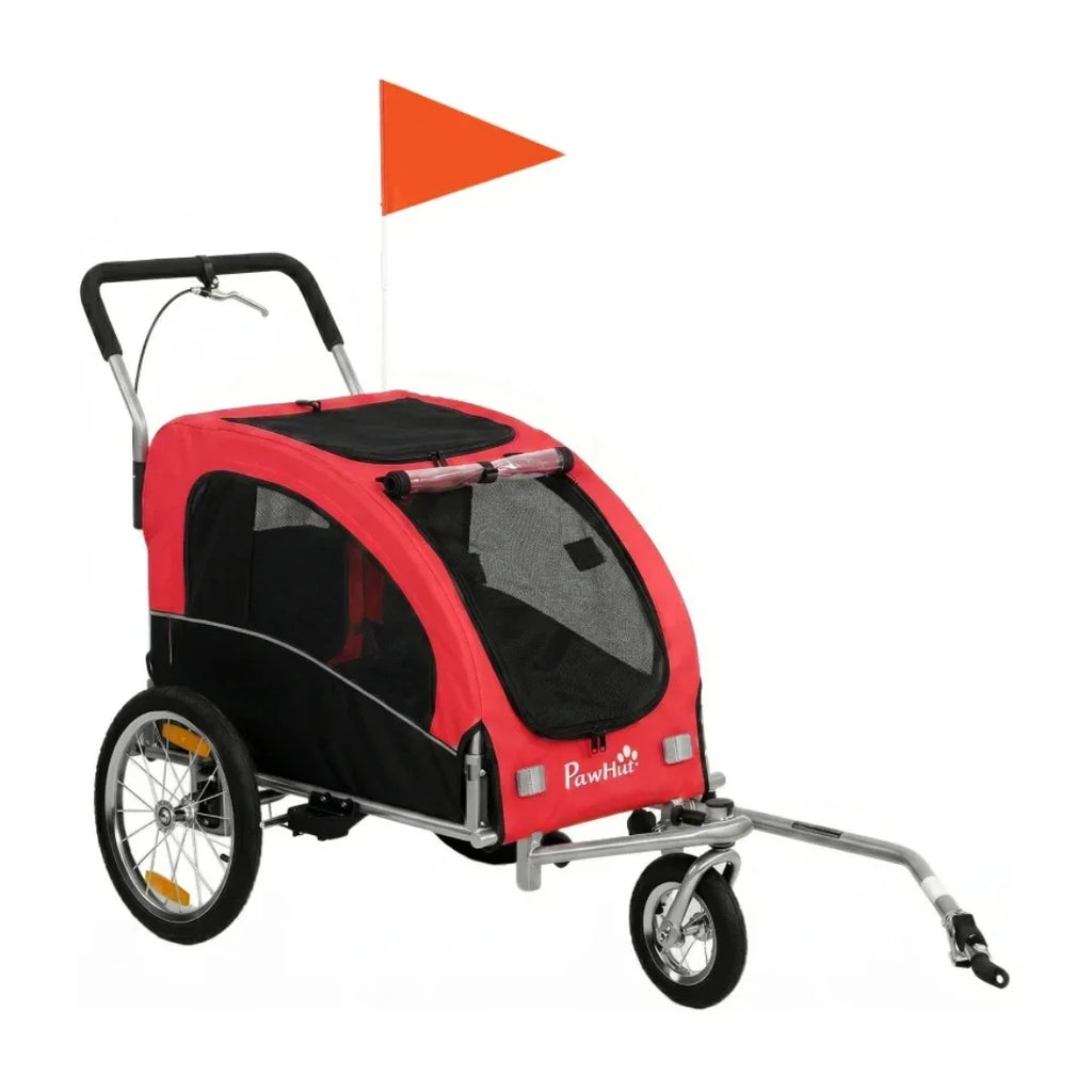 Three-quarters view of the Petifo red 2-in-1 pet stroller and bike trailer with its front swivel wheel and tow bar extended.