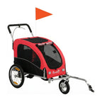 Three-quarters view of the Petifo red 2-in-1 pet stroller and bike trailer with its front swivel wheel and tow bar extended.