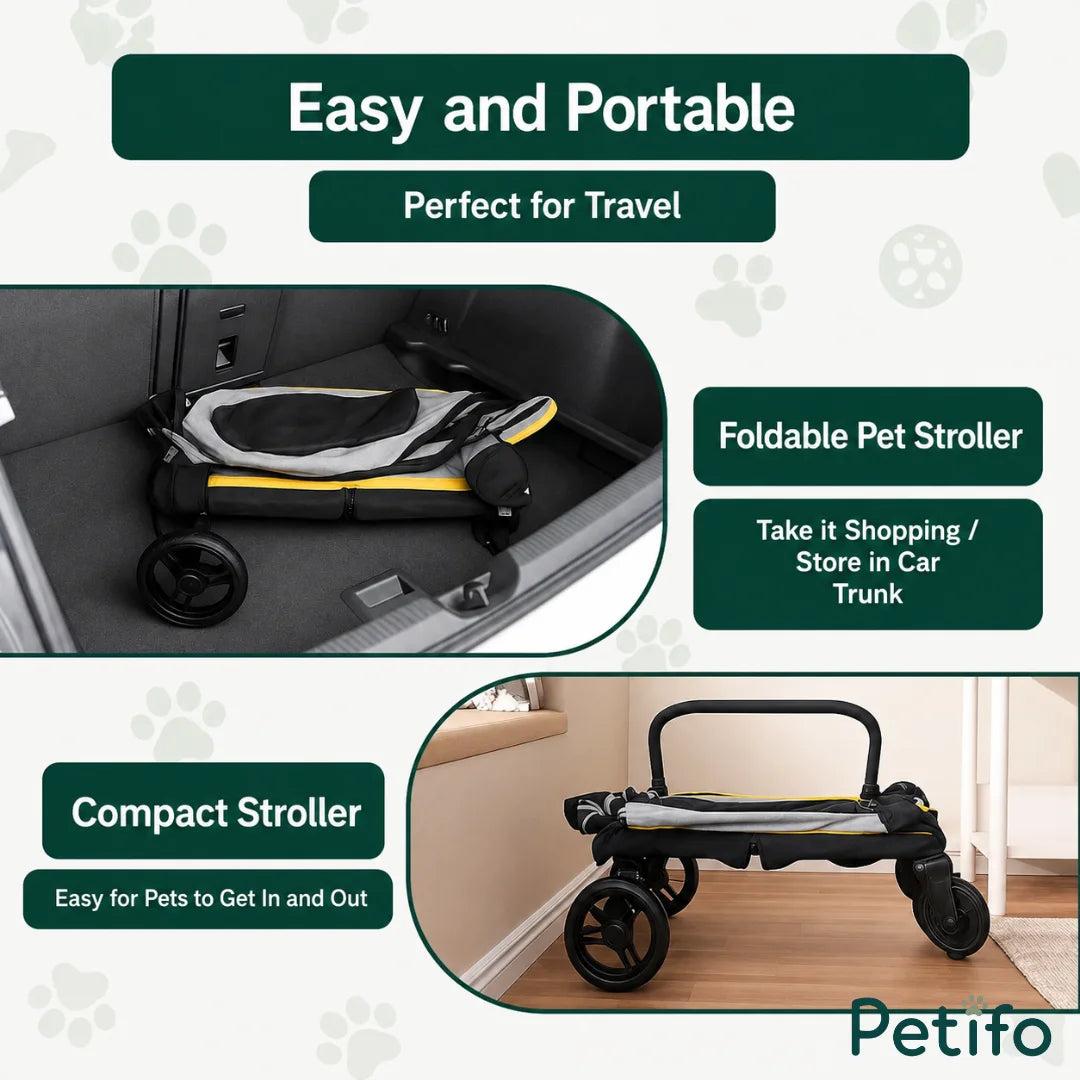 The foldable and portable design of the Petifo pet stroller, highlighting its compact size for easy storage in a car trunk.