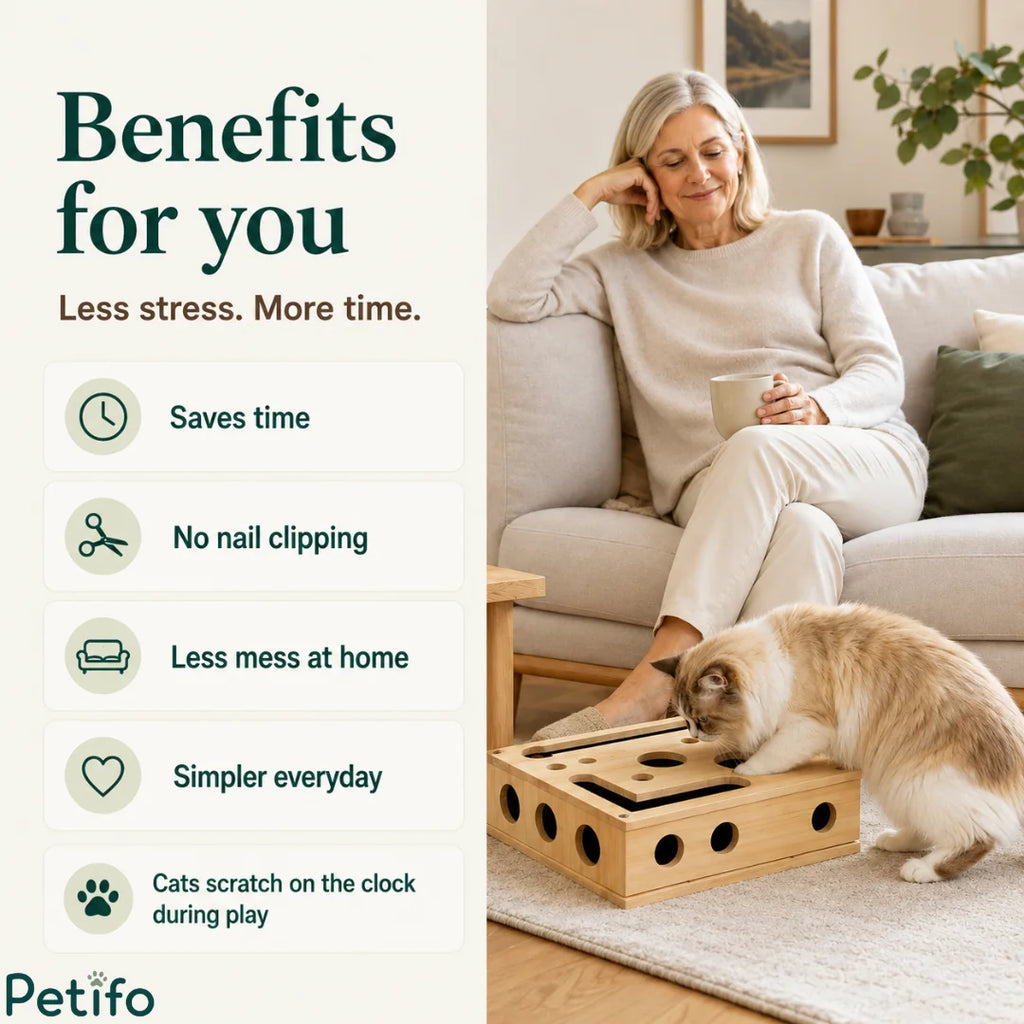 Value proposition graphic highlighting time-saving benefits, no nail clipping required, and simpler everyday cat care.