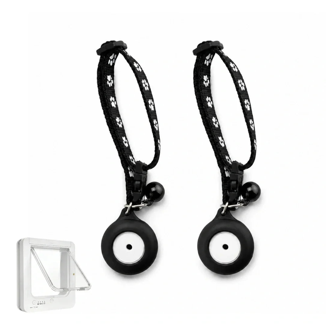 Two black paw-print cat collar straps with microchip sensor tags displayed alongside a white smart pet flap door.