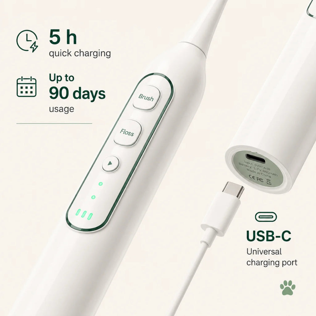 Cordless electric pet toothbrush showing a USB-C quick charging port with up to 90 days of battery life.
