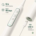 Cordless electric pet toothbrush showing a USB-C quick charging port with up to 90 days of battery life.