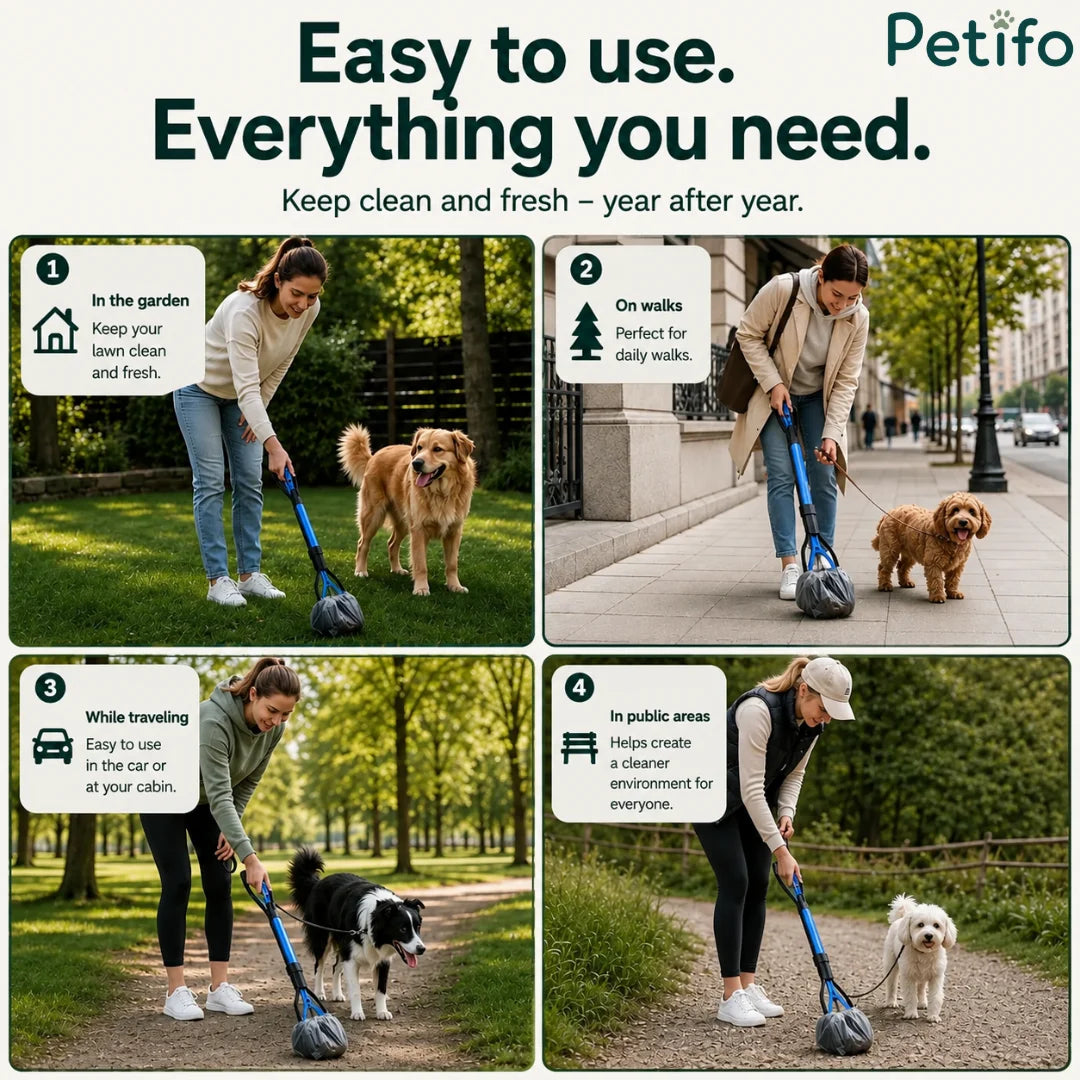 Lifestyle grid banner demonstrating the dog waste scooper in use across gardens, urban walks, travel, and public areas.