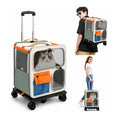 Versatile 4-in-1 pet trolley and rolling backpack featuring a mesh window with a cat inside, plus inset views of a person wearing and pulling it.