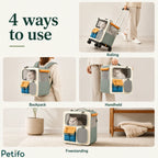 Four-panel guide demonstrating the four versatile ways to use the pet carrier for rolling, wearing as a backpack, holding by hand, or placing freestanding.