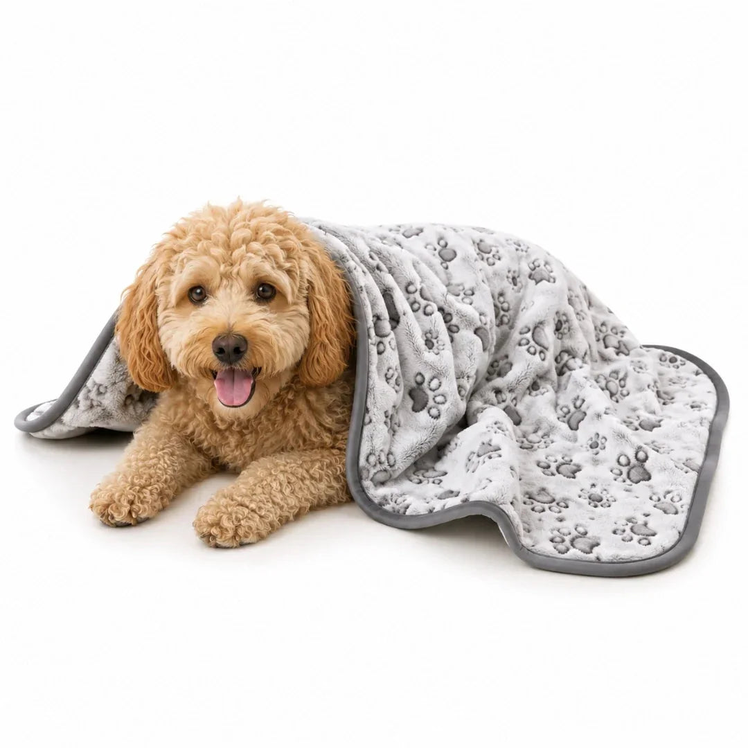 Cute curly puppy lying down and relaxing under a warm grey paw print fleece blanket.