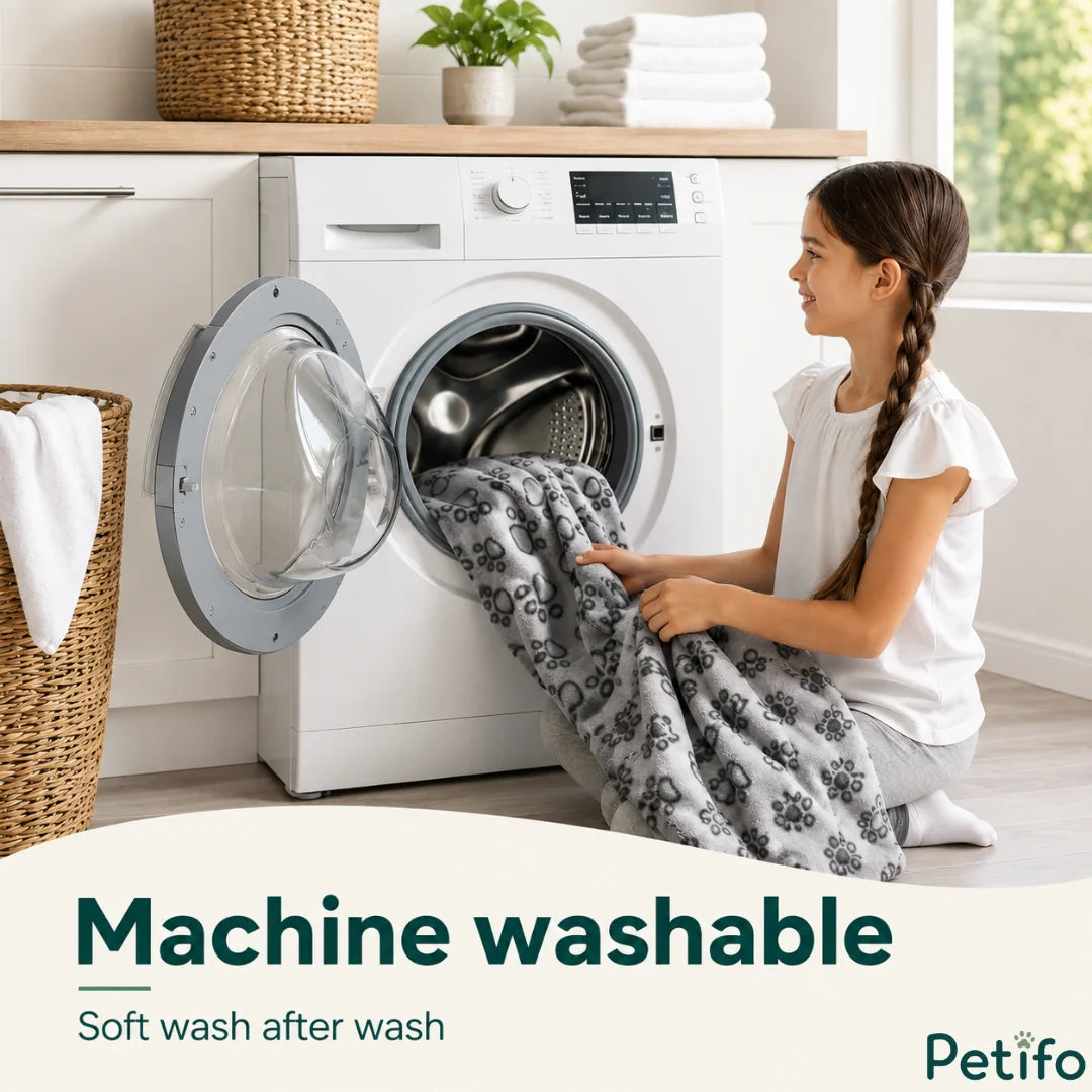 Young girl loading the machine washable grey paw-print pet blanket into a front-load washing machine.