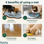 Four-benefit infographic illustrating how waterproof personalized pet feeding mats reduce mess, protect floors, and improve mealtime hygiene.