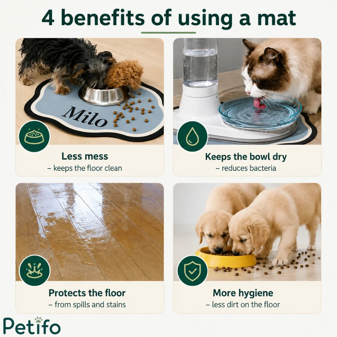 Four-benefit infographic illustrating how waterproof personalized pet feeding mats reduce mess, protect floors, and improve mealtime hygiene.