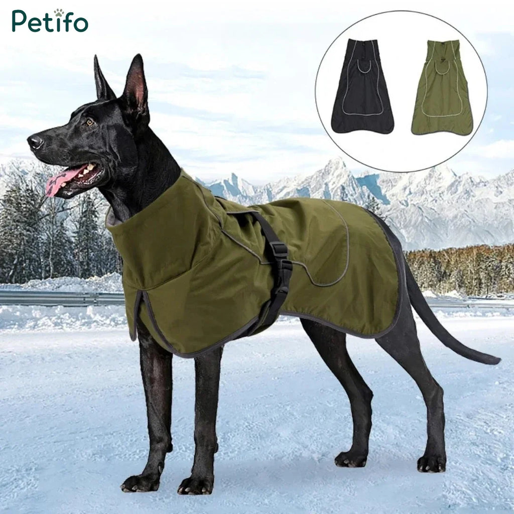 Black dog standing in a snowy landscape wearing an olive green weather-resistant dog jacket with color options displayed.