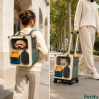 Side-by-side lifestyle shots showing a woman wearing a green pet backpack and pulling a wheeled pet carrier trolley with a cat inside.