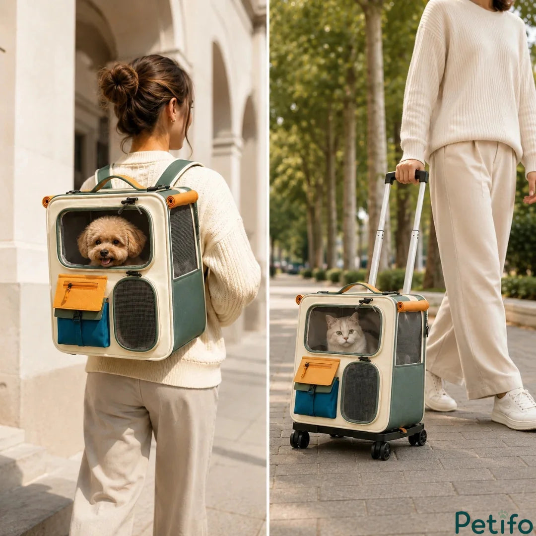Side-by-side lifestyle shots showing a woman wearing a green pet backpack and pulling a wheeled pet carrier trolley with a cat inside.
