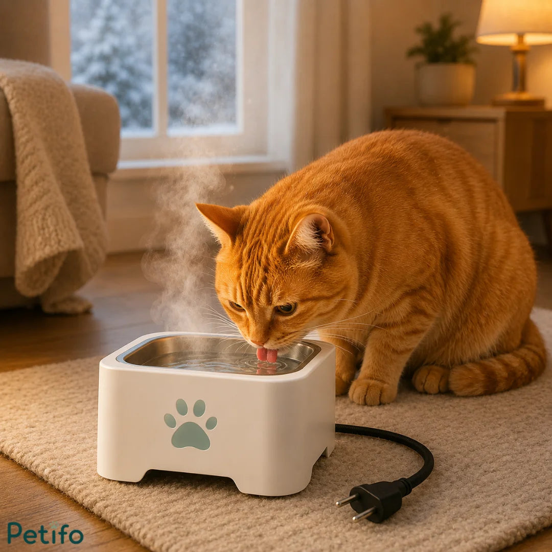 Ginger cat drinking warm, steaming water from a white electric heated bowl indoors during winter.