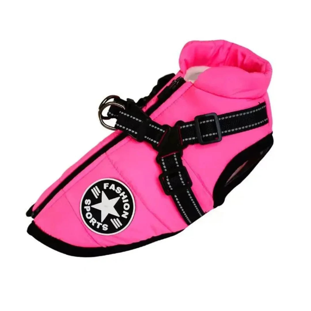 Bright pink winter dog jacket with reflective safety straps and a warm fleece interior.