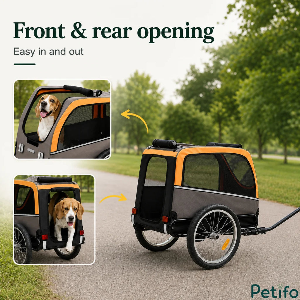 Grey and orange pet bike trailer highlighting the front and rear zippered openings for easy dog entry and exit.