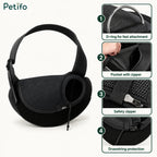 Labeled features of the pet sling including a D-ring, zippered pocket, safety zipper, and drawstring protection.