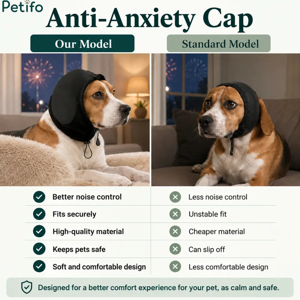 Comparison infographic contrasting the Petifo anti-anxiety cap with a standard model, highlighting superior noise control and secure fit.