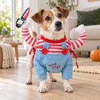Creepy Doll Pet Costume worn by a dog in a living room