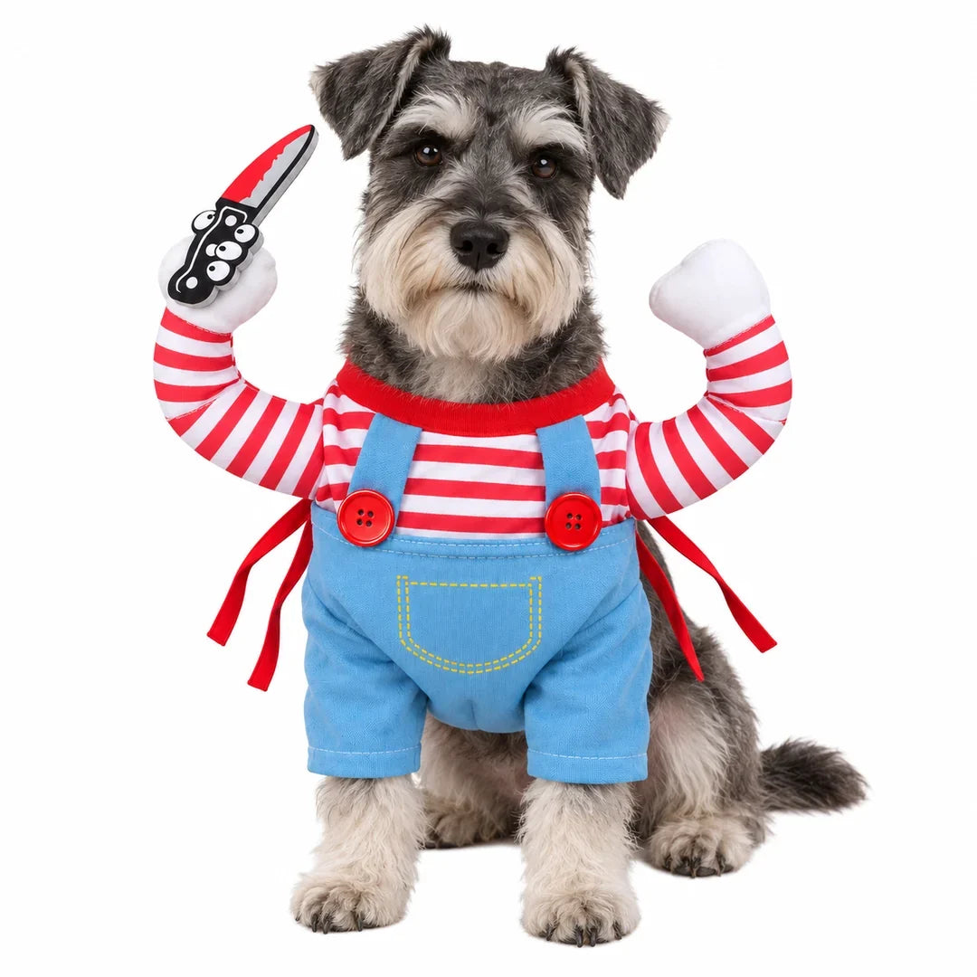 Creepy Doll Pet Costume worn by a Schnauzer