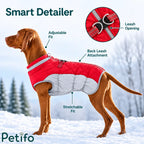 Red winter dog coat detailed with highlighted callouts pointing to the adjustable fit, leash opening, and back leash attachment.