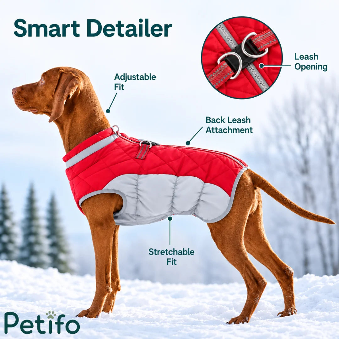 Red winter dog coat detailed with highlighted callouts pointing to the adjustable fit, leash opening, and back leash attachment.
