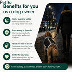 Infographic outlining key dog owner benefits including safer evening walks, cold weather protection, and quick-put-on design.