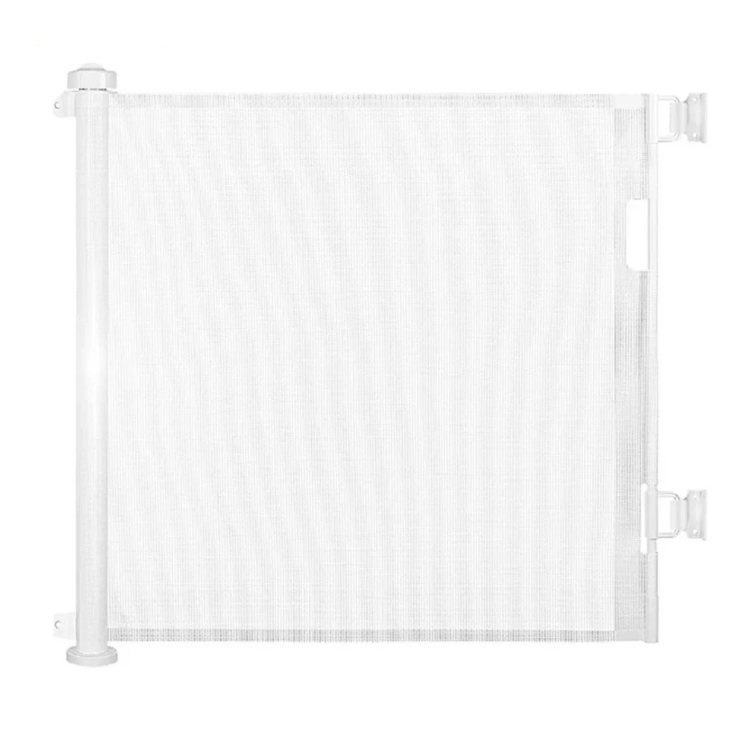 White retractable safety mesh gate shown fully extended against a clean background.