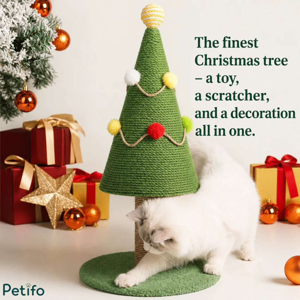 Holiday-themed promotional banner featuring a white cat interacting with a Christmas tree scratcher and gift boxes.