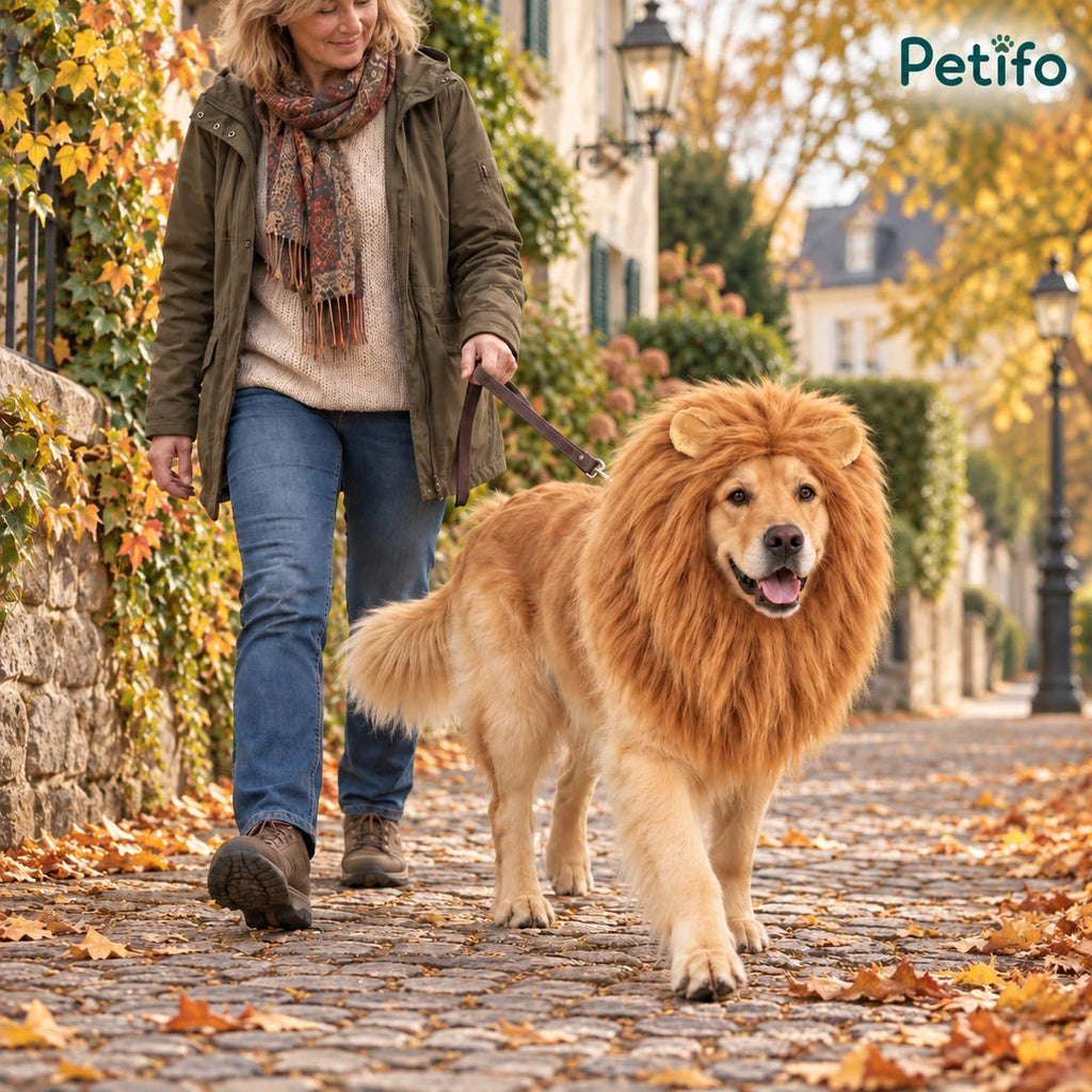 Golden Retriever wearing a lion mane dog costume on an autumn walk - Petifo