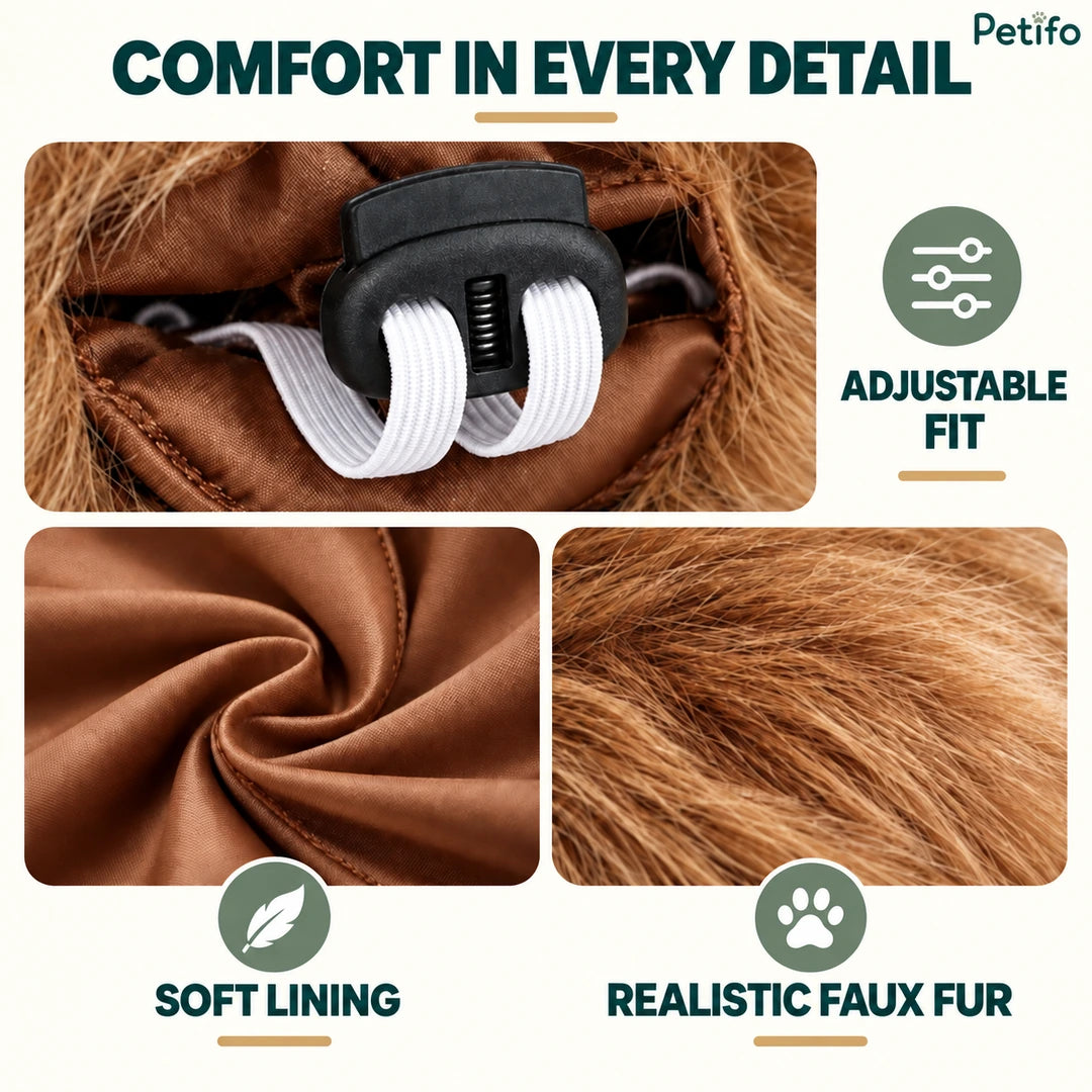 Lion mane dog costume adjustable fit, lining and faux-fur details - Petifo