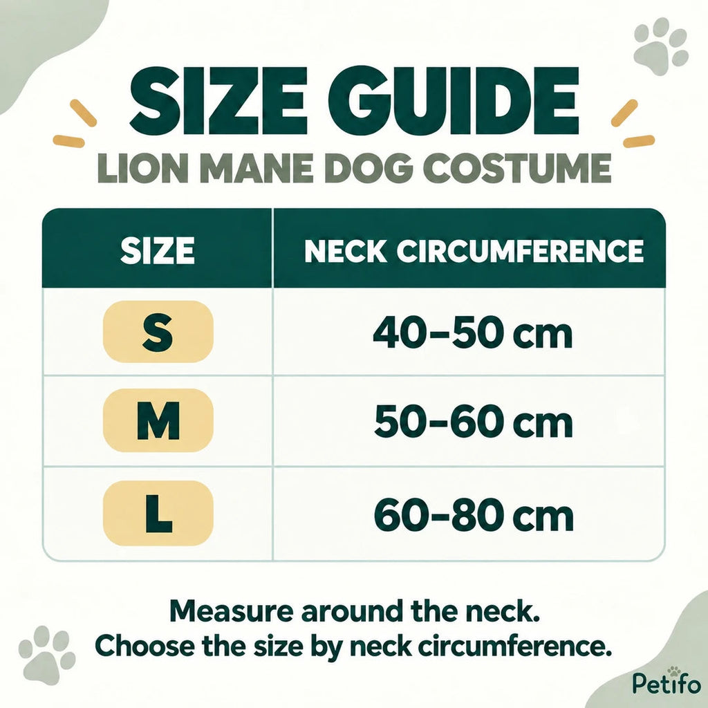 Lion Mane Dog Costume size guide: S 40–50 cm, M 50–60 cm and L 60–80 cm neck circumference - Petifo