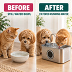 BEFORE and AFTER: still water bowl compared with filtered running water from the PawHut 3.2 L Pet Water Fountain - Petifo