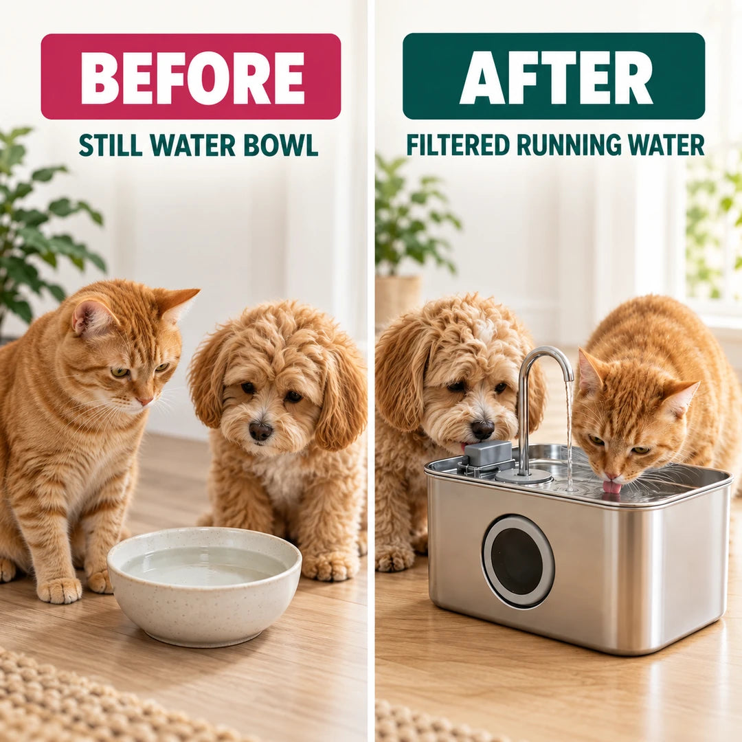BEFORE and AFTER: still water bowl compared with filtered running water from the PawHut 3.2 L Pet Water Fountain - Petifo
