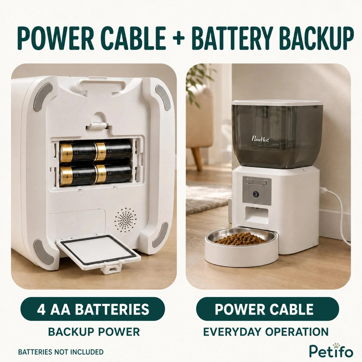 PawHut 4L camera feeder: Power cable and four-battery backup options for the feeder - Petifo