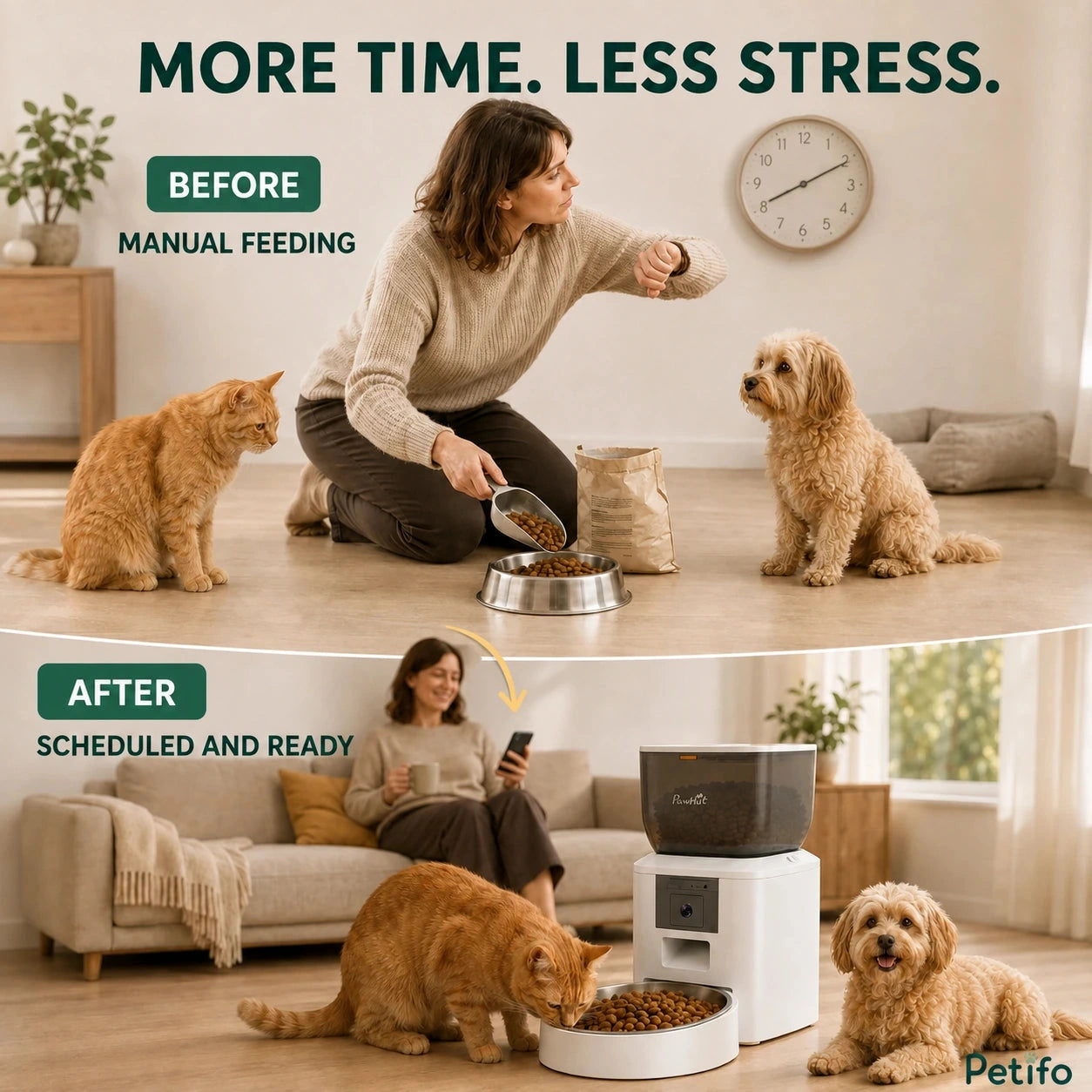 PawHut 4L camera feeder: Manual pet feeding compared with a scheduled app-controlled meal - Petifo