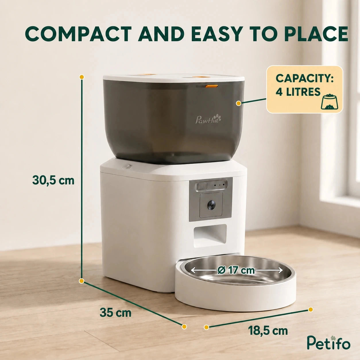 PawHut 4L camera feeder: Compact feeder dimensions, 4 L hopper and 17 cm bowl - Petifo
