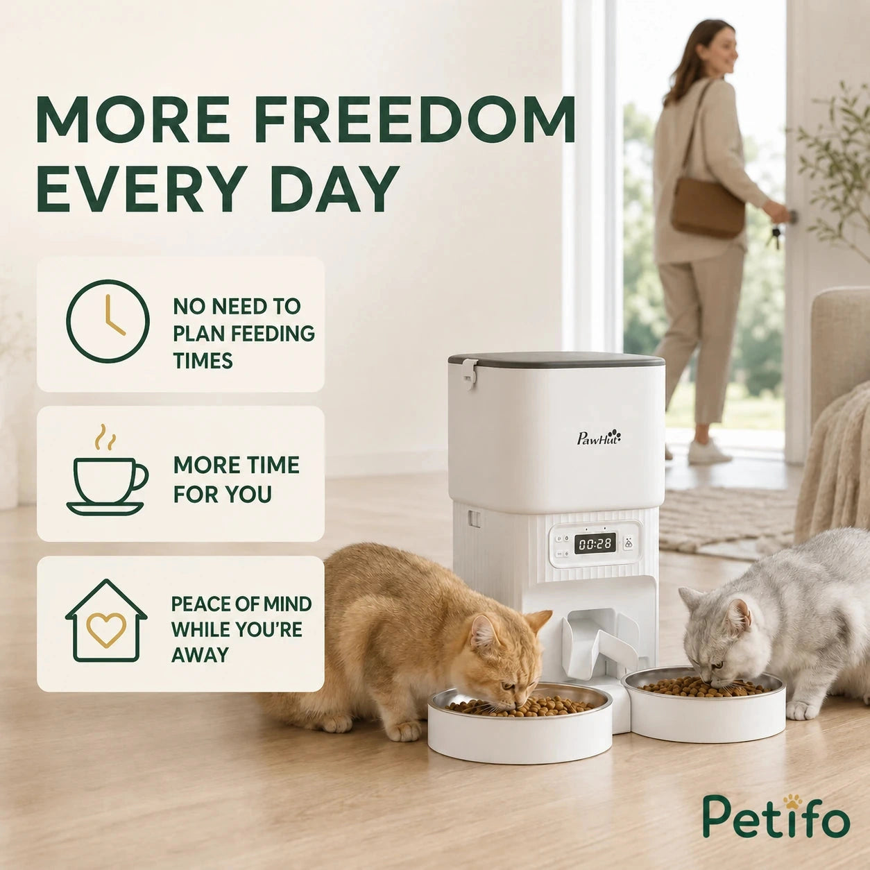 PawHut 4L dual-bowl feeder: Dual feeder serving two cats while their owner leaves home - Petifo