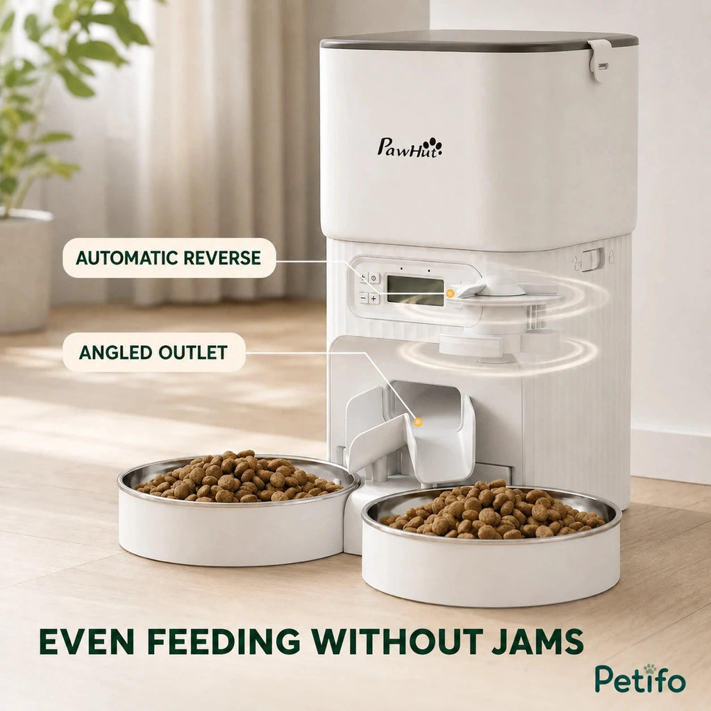 PawHut 4L dual-bowl feeder: Angled automatic outlet distributing food evenly to two bowls - Petifo