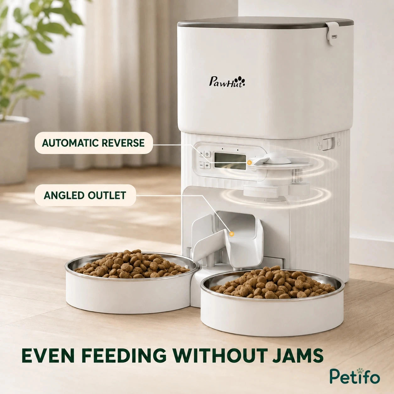 PawHut 4L dual-bowl feeder: Angled automatic outlet distributing food evenly to two bowls - Petifo