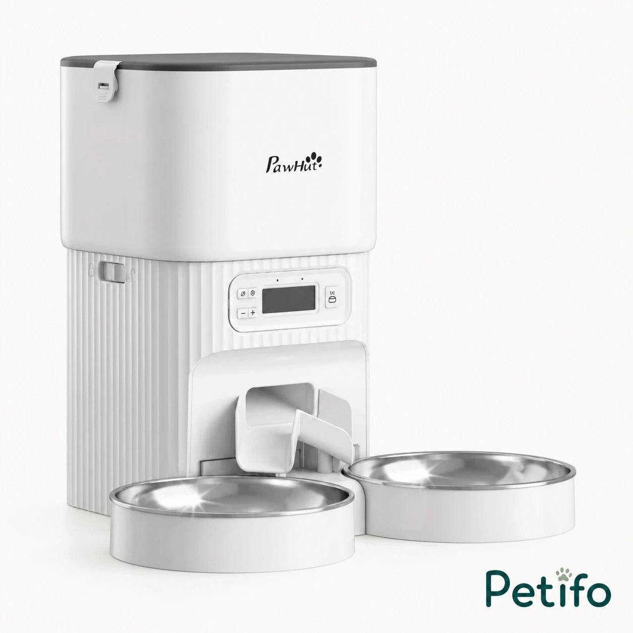 PawHut 4L dual-bowl feeder: White 4 L automatic feeder with two stainless-steel bowls - Petifo