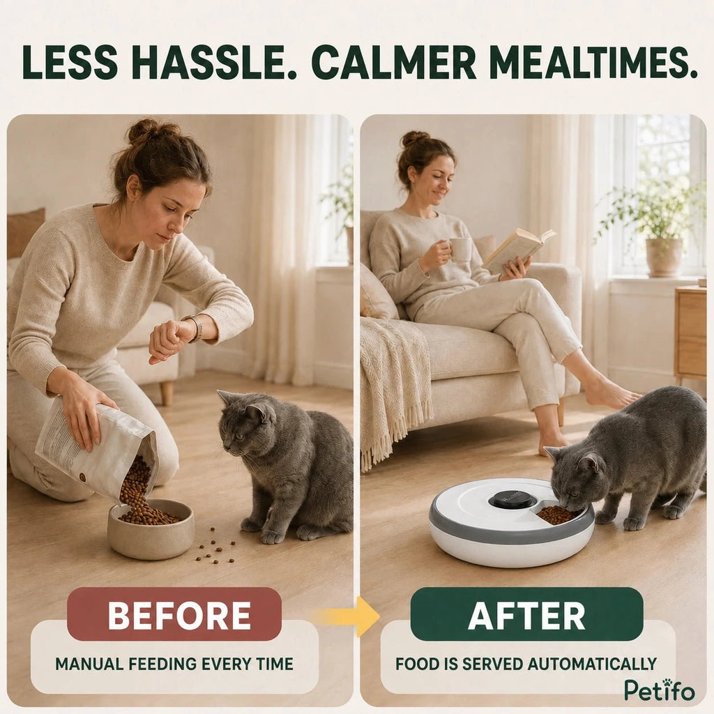 PawHut 6-meal pet feeder: Manual feeding compared with an automatic mealtime routine - Petifo