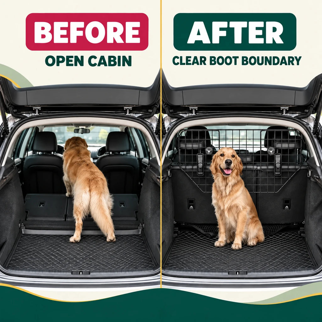 BEFORE and AFTER: open cabin compared with a clear boot boundary using the PawHut Adjustable Car Barrier - Petifo