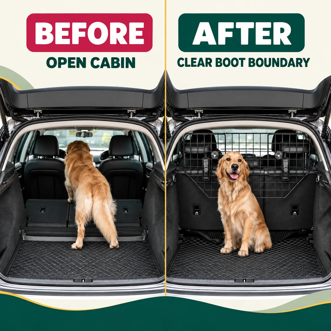 BEFORE and AFTER: open cabin compared with a clear boot boundary using the PawHut Adjustable Car Barrier - Petifo