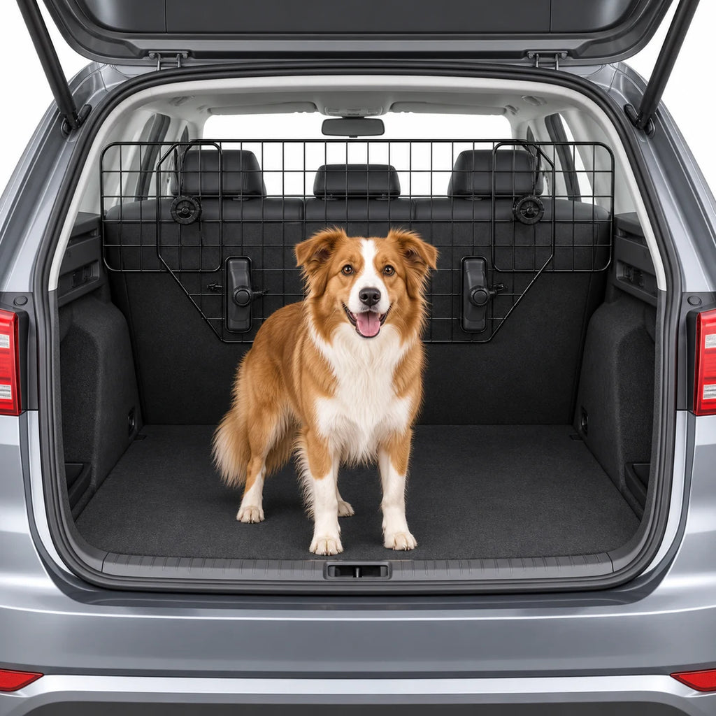 Dog behind the installed PawHut Adjustable Car Barrier in an estate-car boot - Petifo