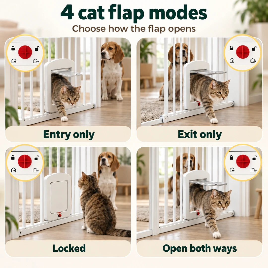 Dog gate with separate cat flap and two-way main door